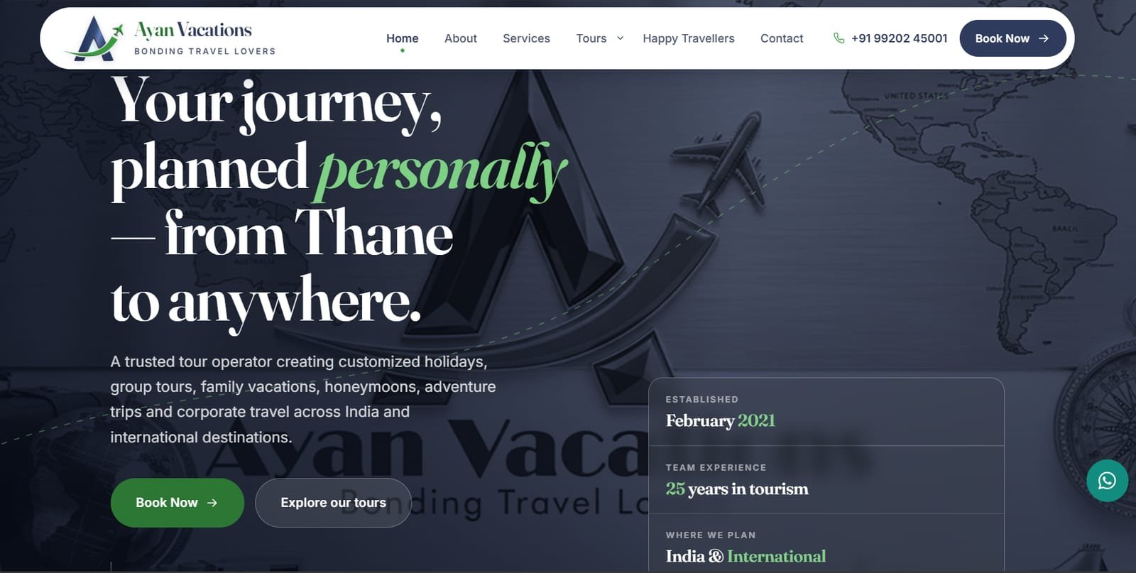 Ayan Vacations homepage on desktop: a dark hero with the headline “Your journey, planned personally — from Thane to anywhere” and a Book Now action.