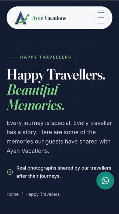Ayan Vacations website on a mobile phone, showing the Happy Travellers section on a dark background.