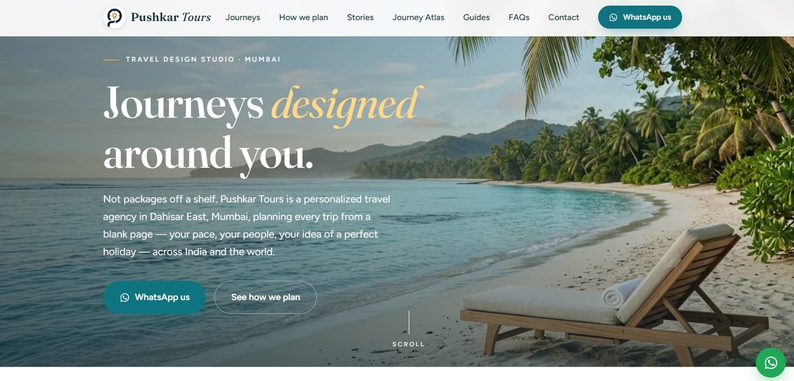 Pushkar Tours homepage on desktop: a full-width beach photograph with the headline “Journeys designed around you” and a WhatsApp call to action.