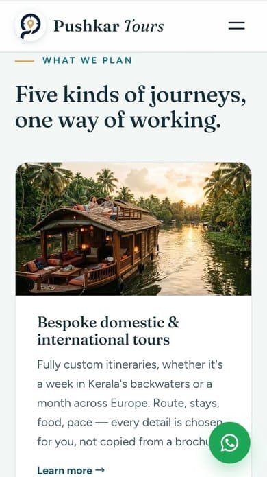 Pushkar Tours homepage on a mobile phone, showing the journey types section with a photograph of a Kerala houseboat.